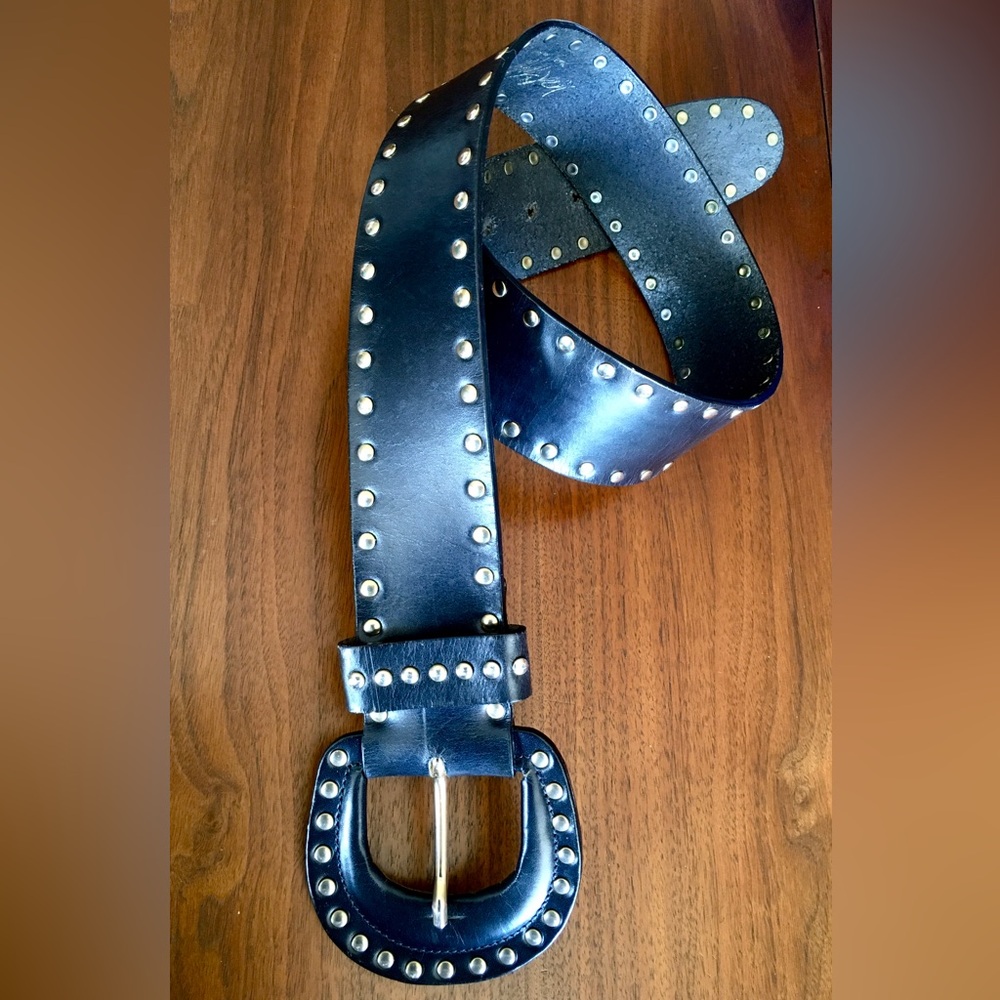Vintage 80’s Midnight Navy Gold Studded Leather Belt with Bold Buckle Size S